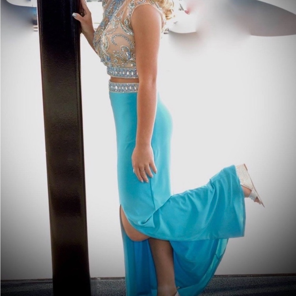 Dave & Johnny Blue and Silver Prom Dress